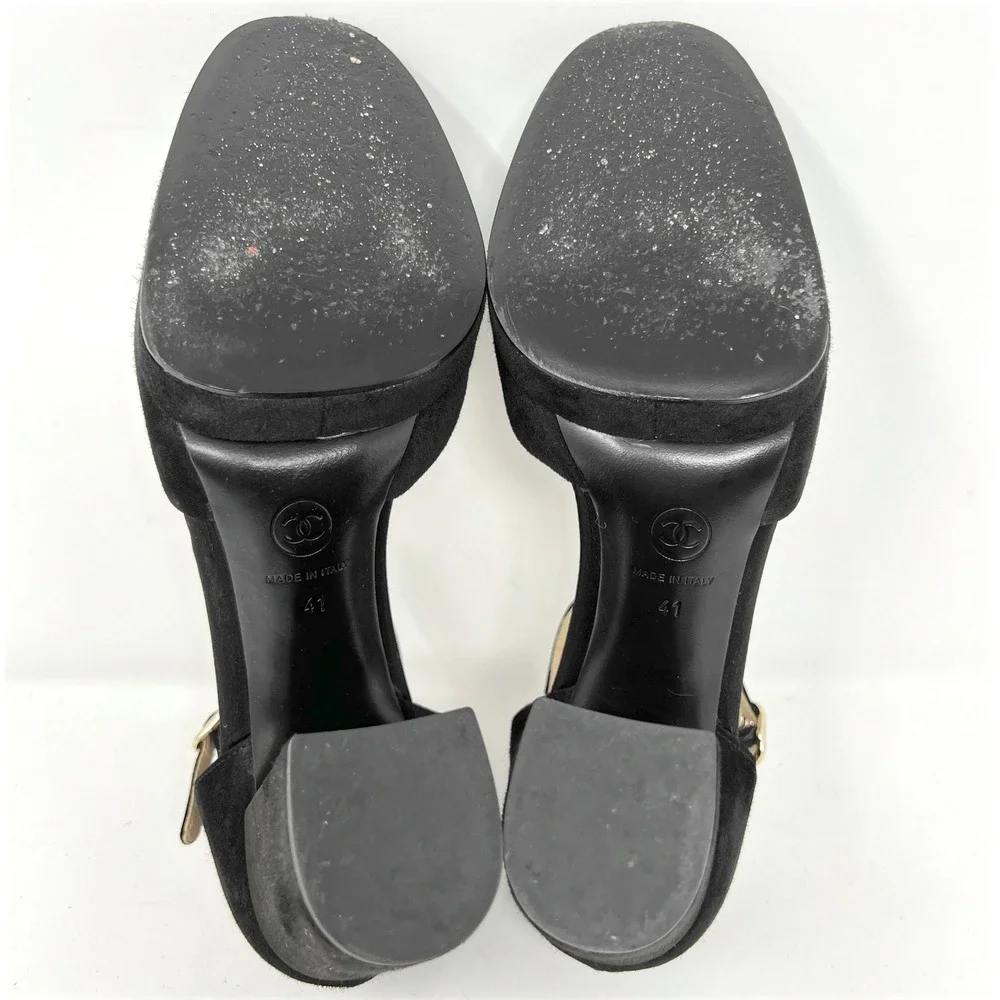 Chanel Black Suede Mary Jane Pumps Cap Toe CC‎ Logo Heels 41
